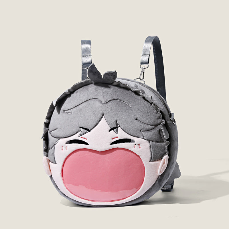 The Seakoff Haikyuu!! Kageyama Tobio Plush Shoulder Bag features a fun anime design with a cartoon face, gray hair, and transparent mouth pocket. It has two adjustable straps, a top handle, and offers a soft texture—ideal for Haikyuu!! fans who love cosplay accessories.