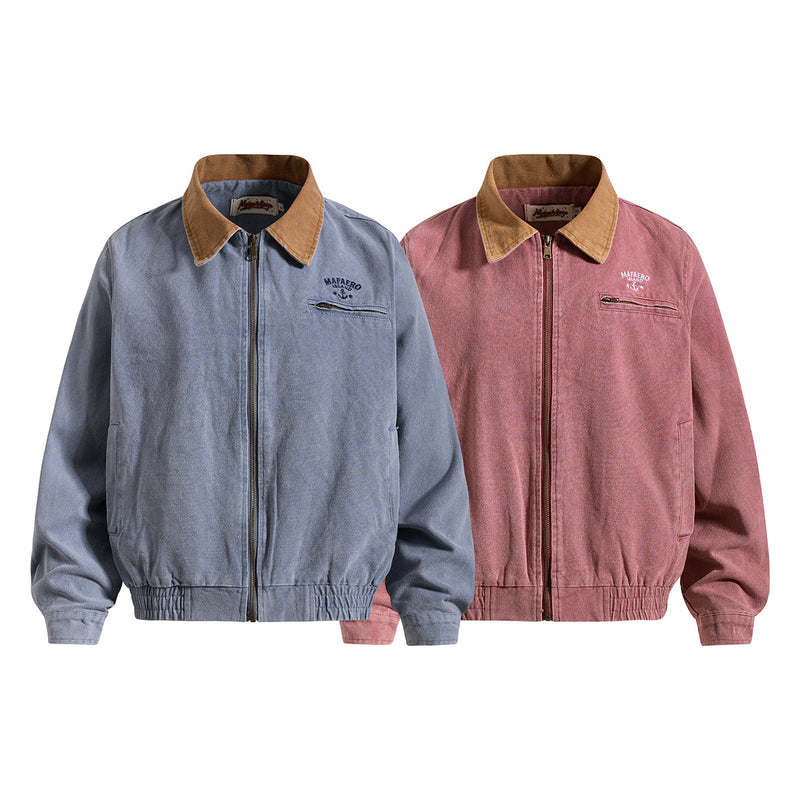Chaqueta de lona lavada workwear con cuello de pana – Estilo barn de corte cuadrado