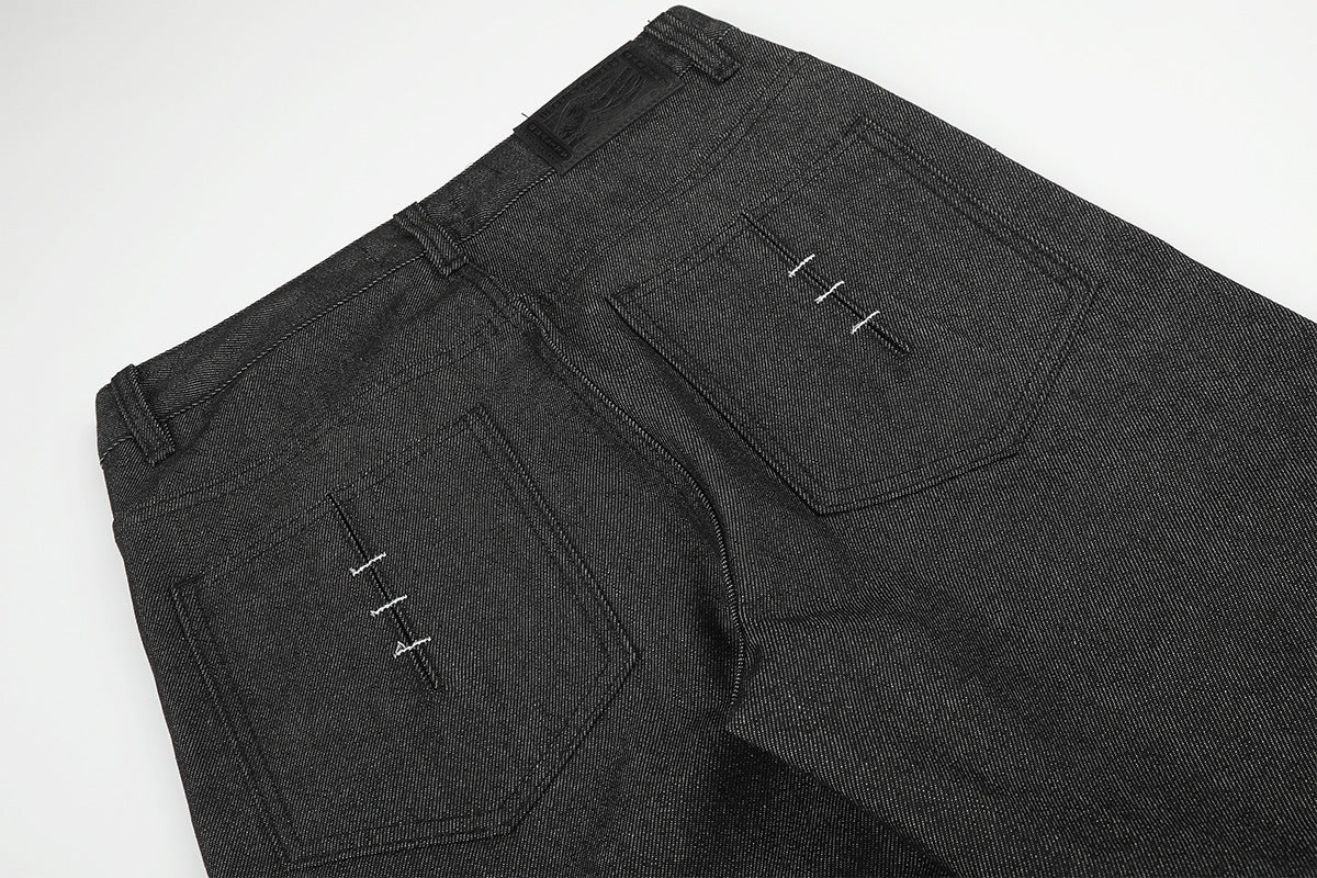 Wide-Leg Raw Denim Jeans with Deconstructed Stitch Detail — Black