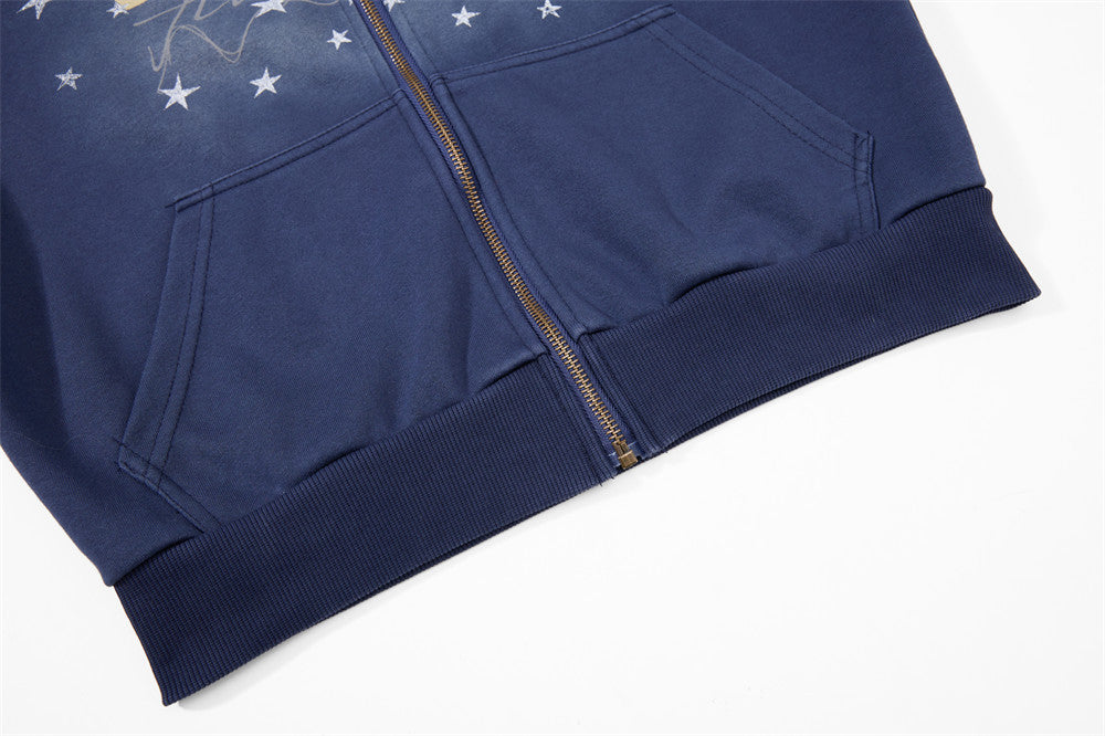 Sudadera con Capucha y Cremallera, Estampado de Estrellas, Corte Extragrande para Hombre