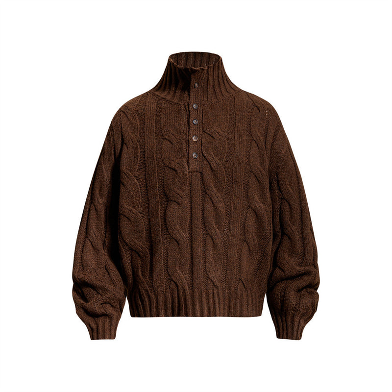Pull homme oversize en maille torsadée à col cheminée avec patte de boutonnage, marron chocolat, vue de face