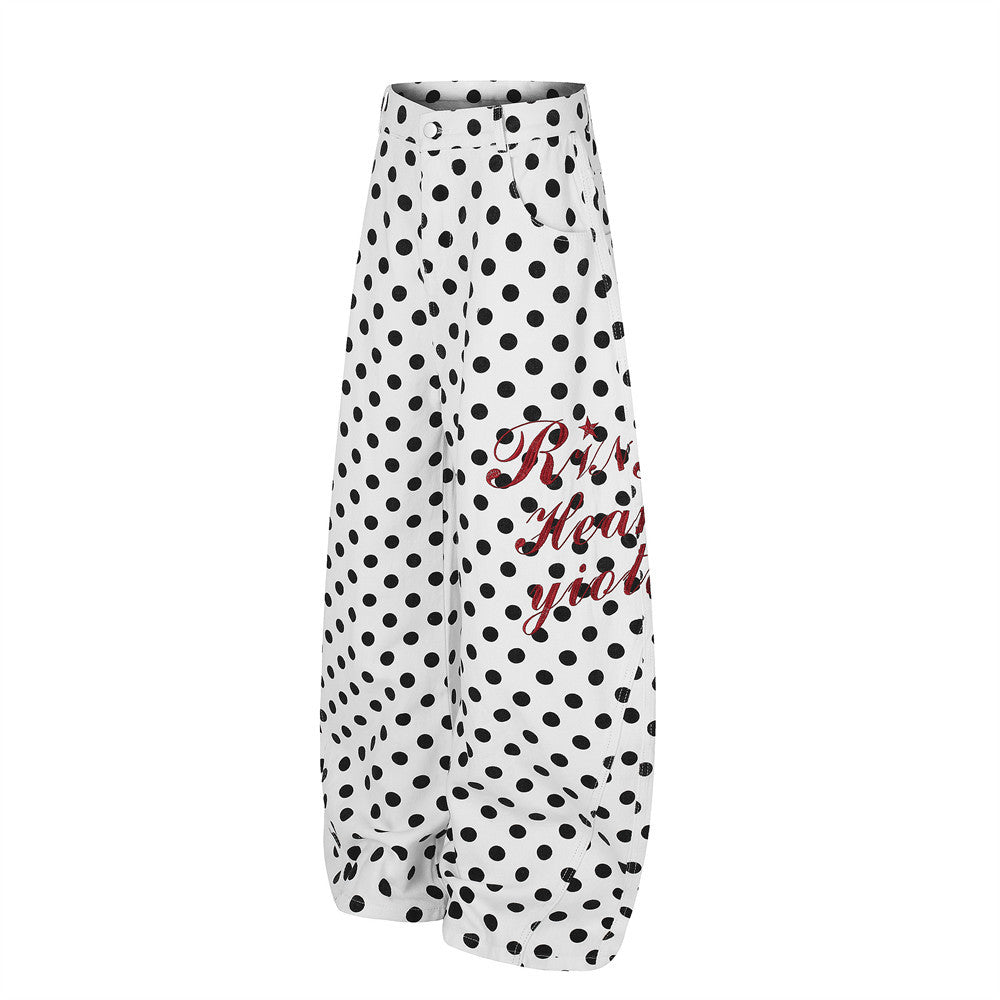 Polka Dot Wide-Leg Pants – Men's Curved Hem Baggy Trousers