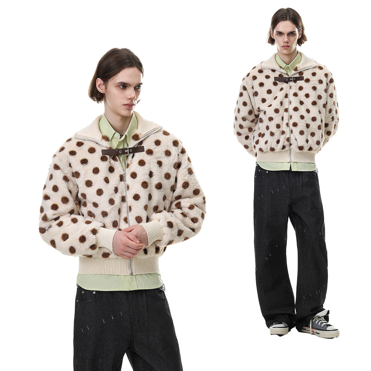 Cream faux shearling bomber jacket with brown polka dots shown on a model in front and full-body views
