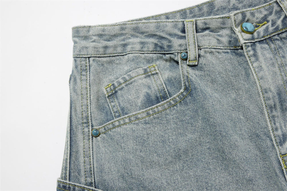 Pearl-Studded Wide-Leg Denim Cargo Jeans – Vintage Washed Scimitar Cut