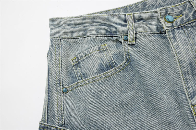 Pearl-Studded Wide-Leg Denim Cargo Jeans – Vintage Washed Scimitar Cut