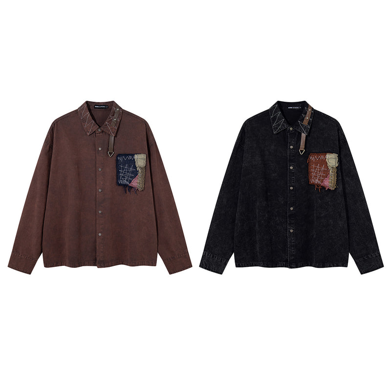 Washed Denim Shirt Jacket with Patchwork Pocket & Embroidered Collar