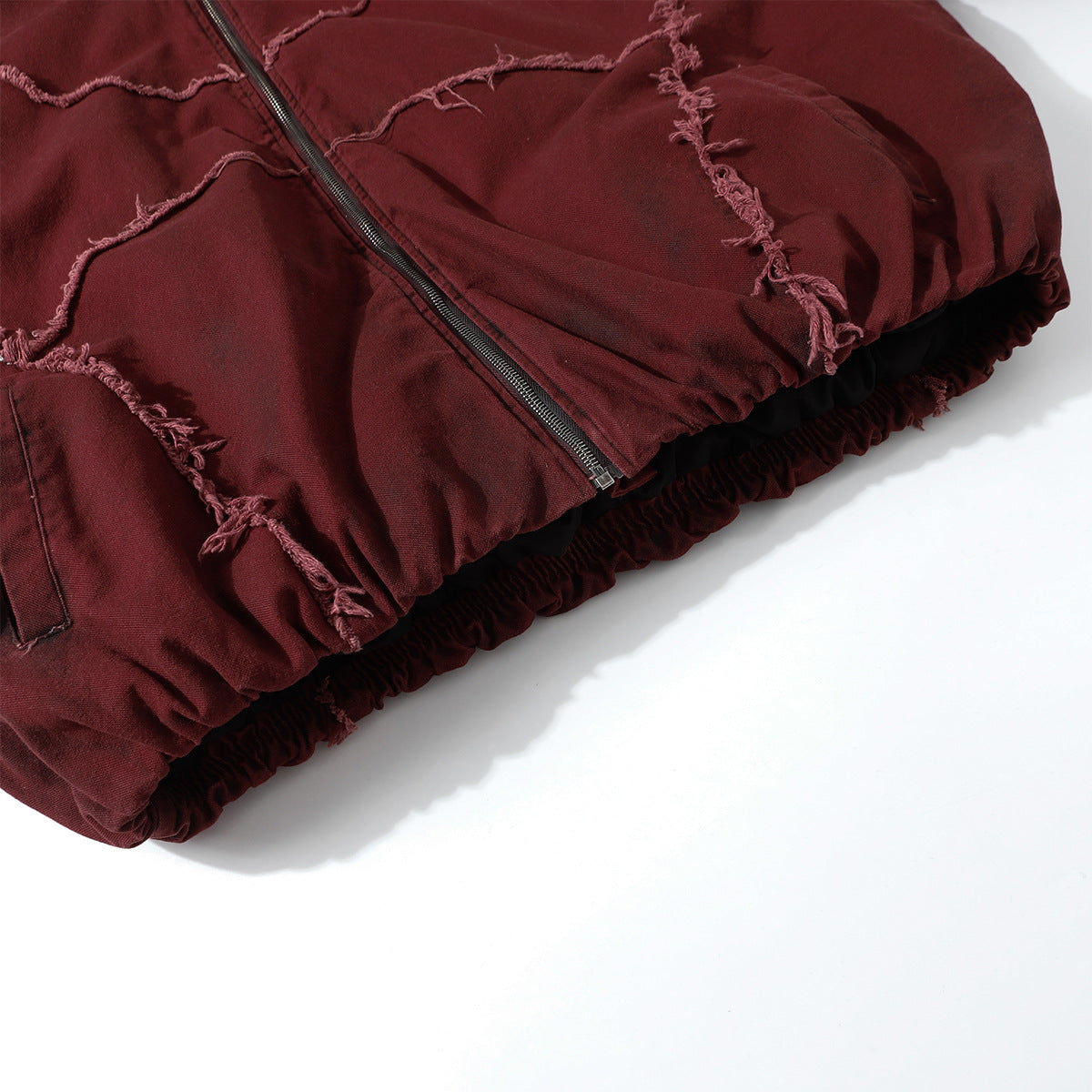 Oversized Hooded Puffer Jacket – Distressed Raw-Edge Washed Streetwear Cotton