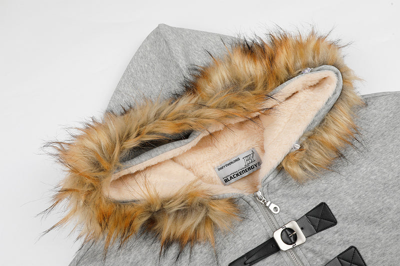 Faux Fur Trim Hooded Zip Jacket with Sherpa Lining & Buckle Detail