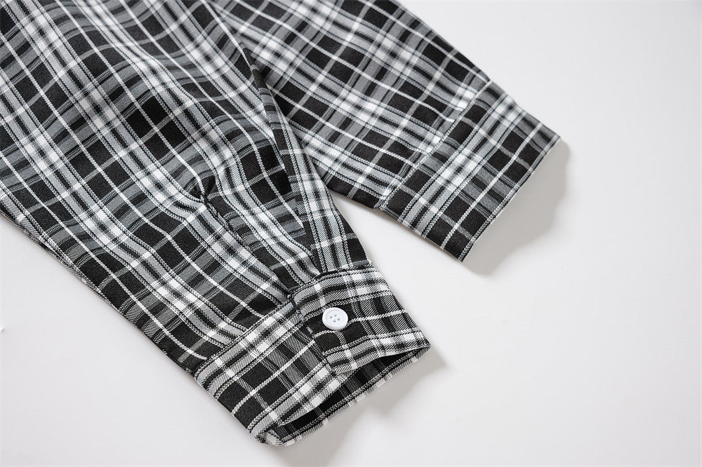 Men's Plaid Long Sleeve Shirt with LUCK Star Letter Patch
