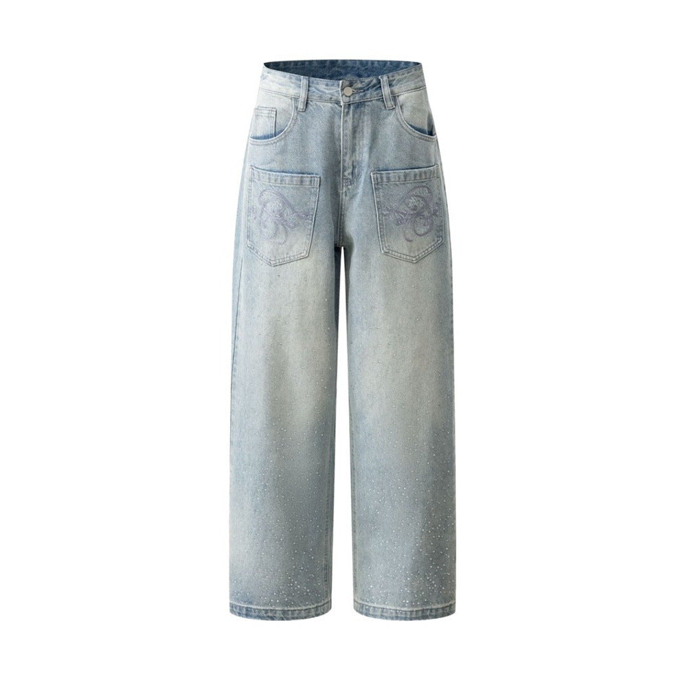 Baggy Denim Jeans Men – Rhinestone Scatter & Dragon Embroidery Wide-Leg Straight