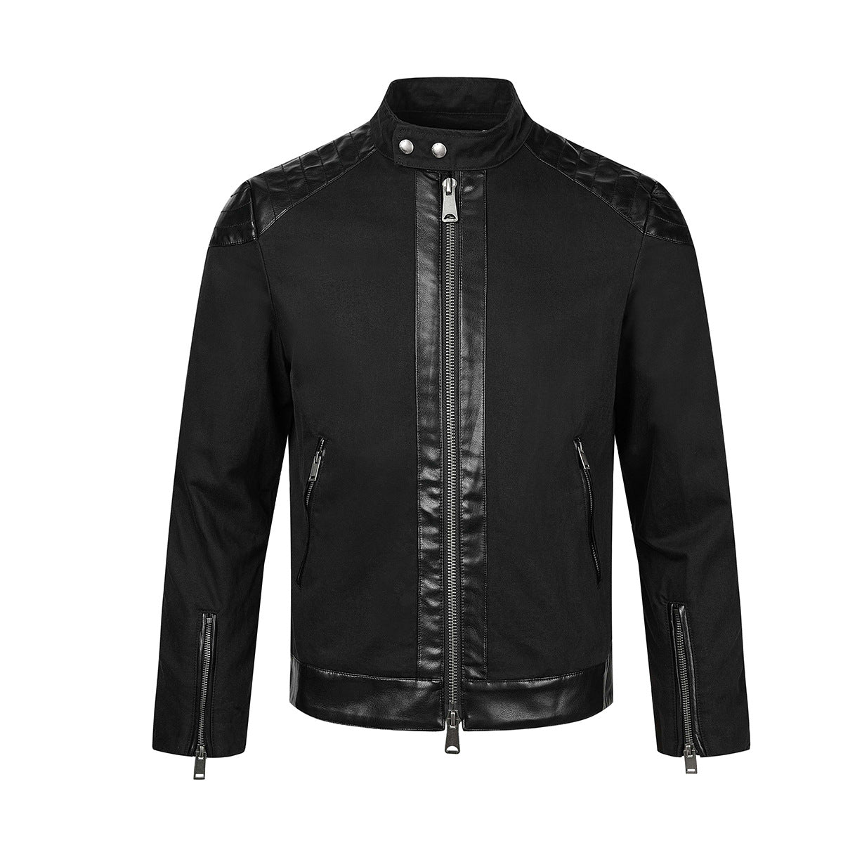 Men's Moto Biker Jacket with Leather Trim, Stand Collar & Zip Detail