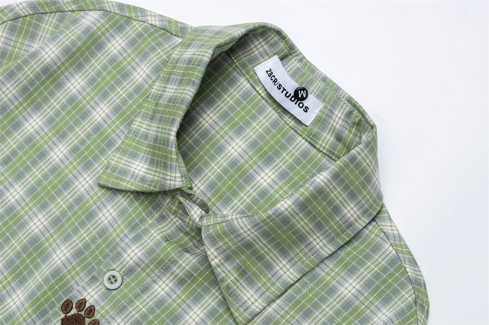Grünes Karohemd für Herren mit Katzenstickerei – Oversized, Langarm, Button-down