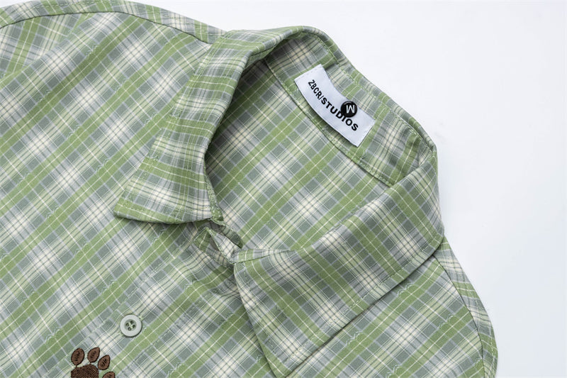 Grünes Karohemd für Herren mit Katzenstickerei – Oversized, Langarm, Button-down