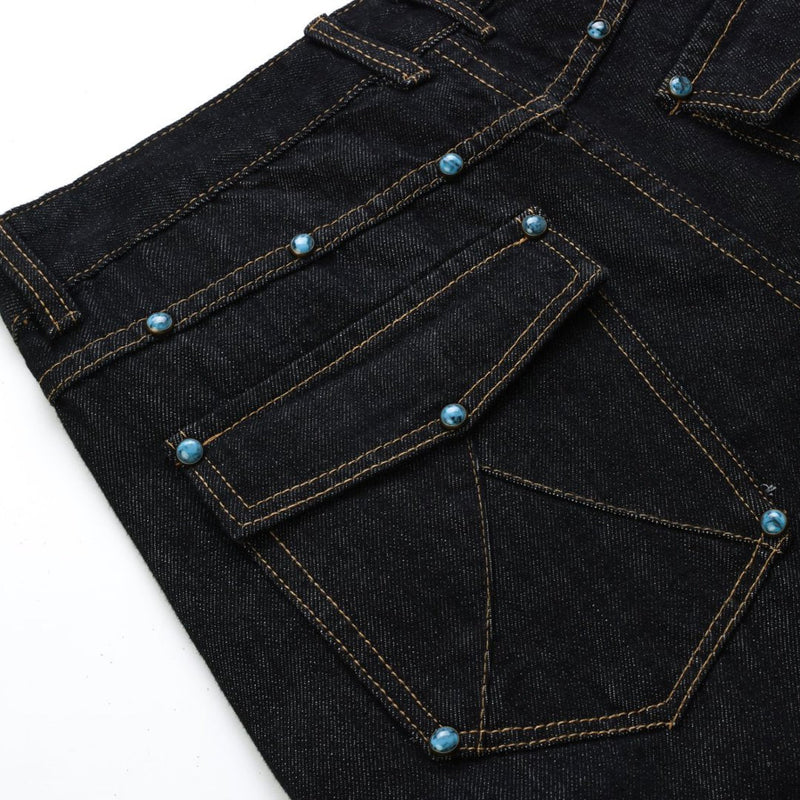 Wide-Leg Barrel Jeans – Turquoise Stud Detail, Curved Silhouette