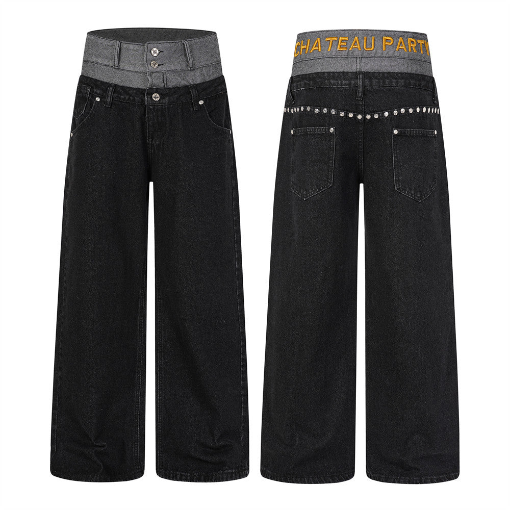 Men's black baggy wide-leg jeans with grey double waistband and gold CHATEAU PARTY letter embroidery