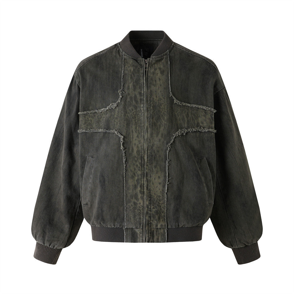 Bomber délavé et usé – Patchwork déconstruit à bords effilochés, coupe oversize