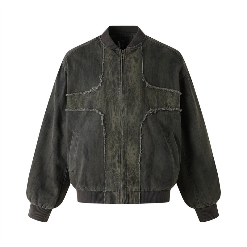 Bomber délavé et usé – Patchwork déconstruit à bords effilochés, coupe oversize