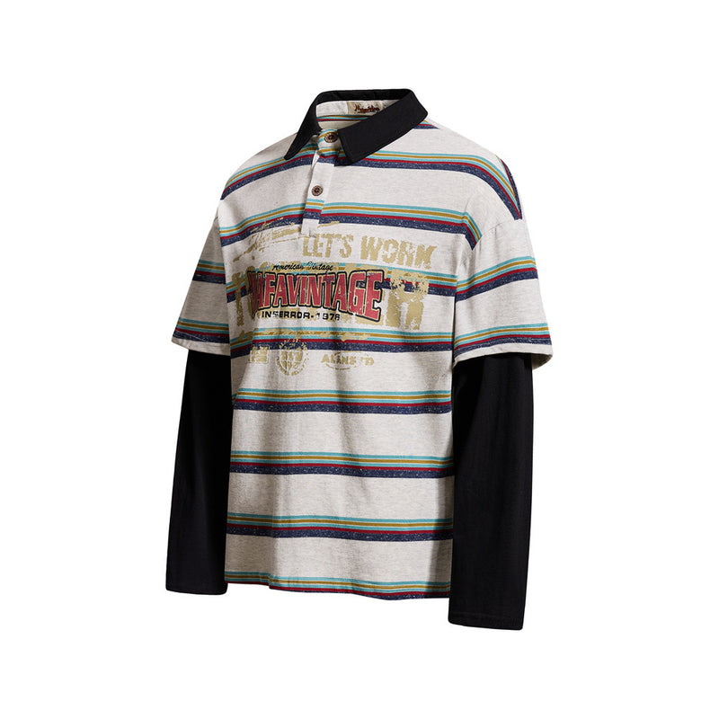 Striped Faux Two-Piece Long Sleeve Polo Shirt – Relaxed Fit with Layered Look
