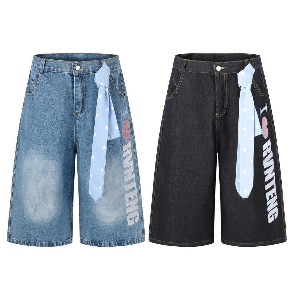 I Love RUNTENG letter print wide-leg denim shorts with polka dot blue tie sash in washed blue and black colorways