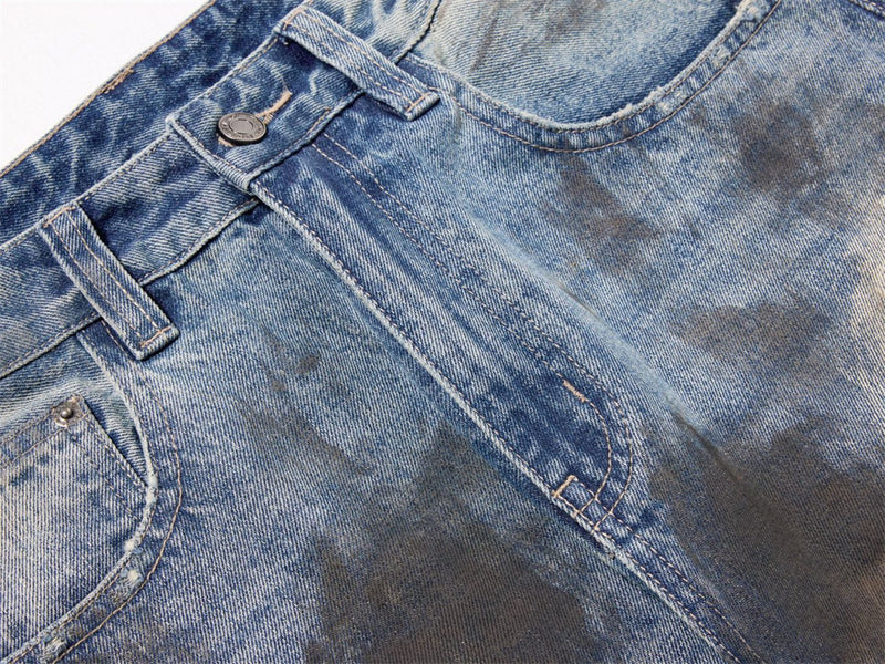 Wide-Leg Distressed Jeans – Dirty Wash Tie-Dye Ripped Denim, Relaxed Fit
