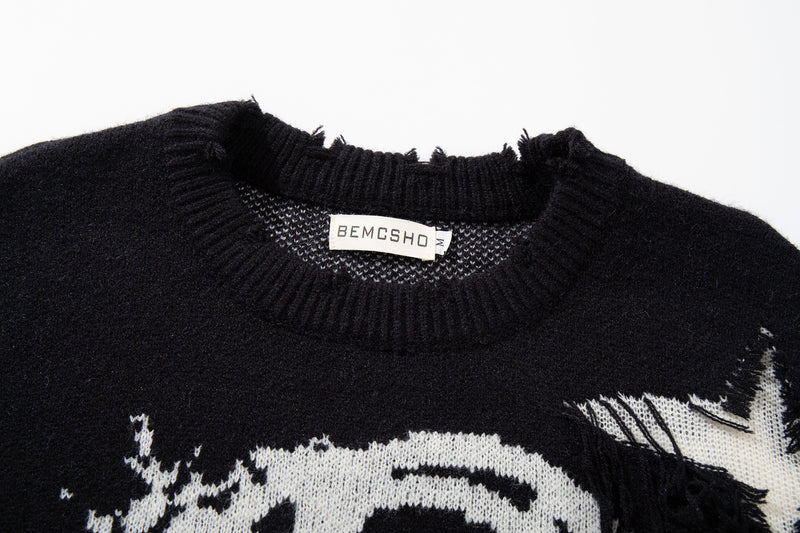 Men's Skull Jacquard Distressed Knit Sweater – Oversized Crewneck