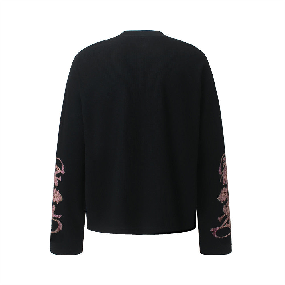 Black Graphic Long Sleeve Shirt – Dark Cross Flame Print Oversized Waffle Knit