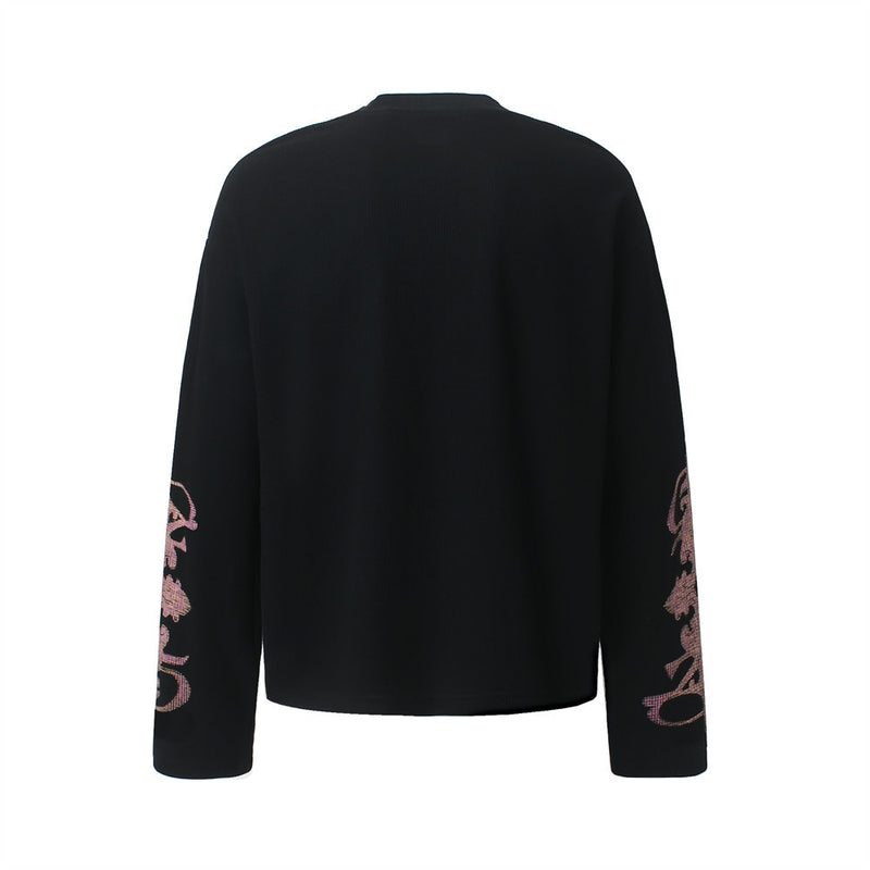 Black Graphic Long Sleeve Shirt – Dark Cross Flame Print Oversized Waffle Knit