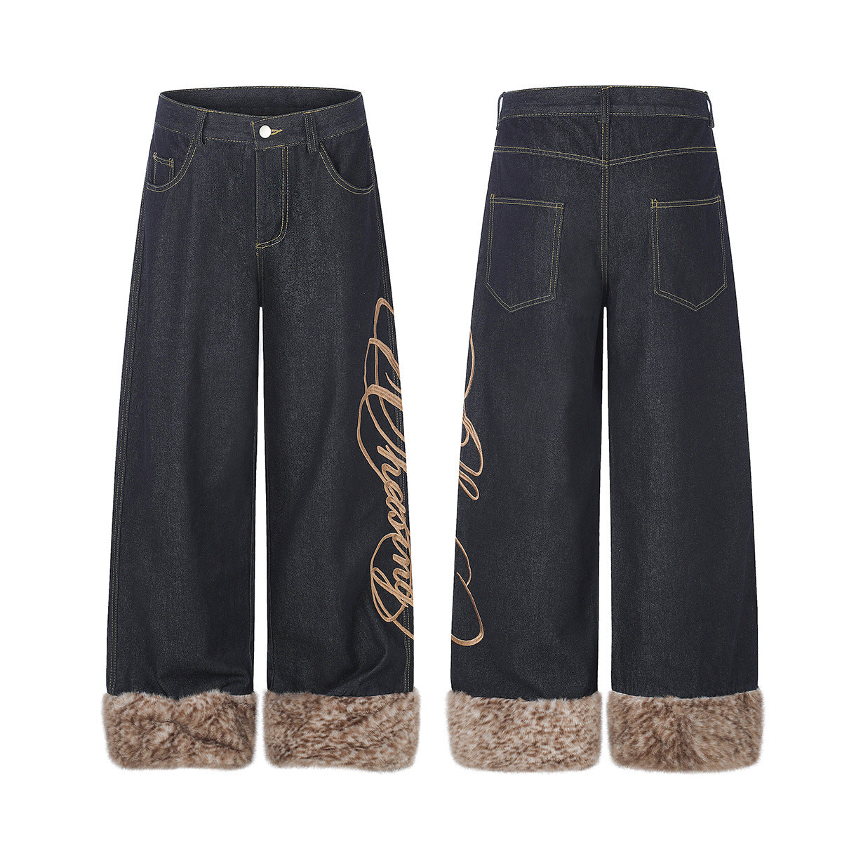 Jean baggy délavé foncé avec bas en fausse fourrure et broderie manuscrite – Coupe ample
