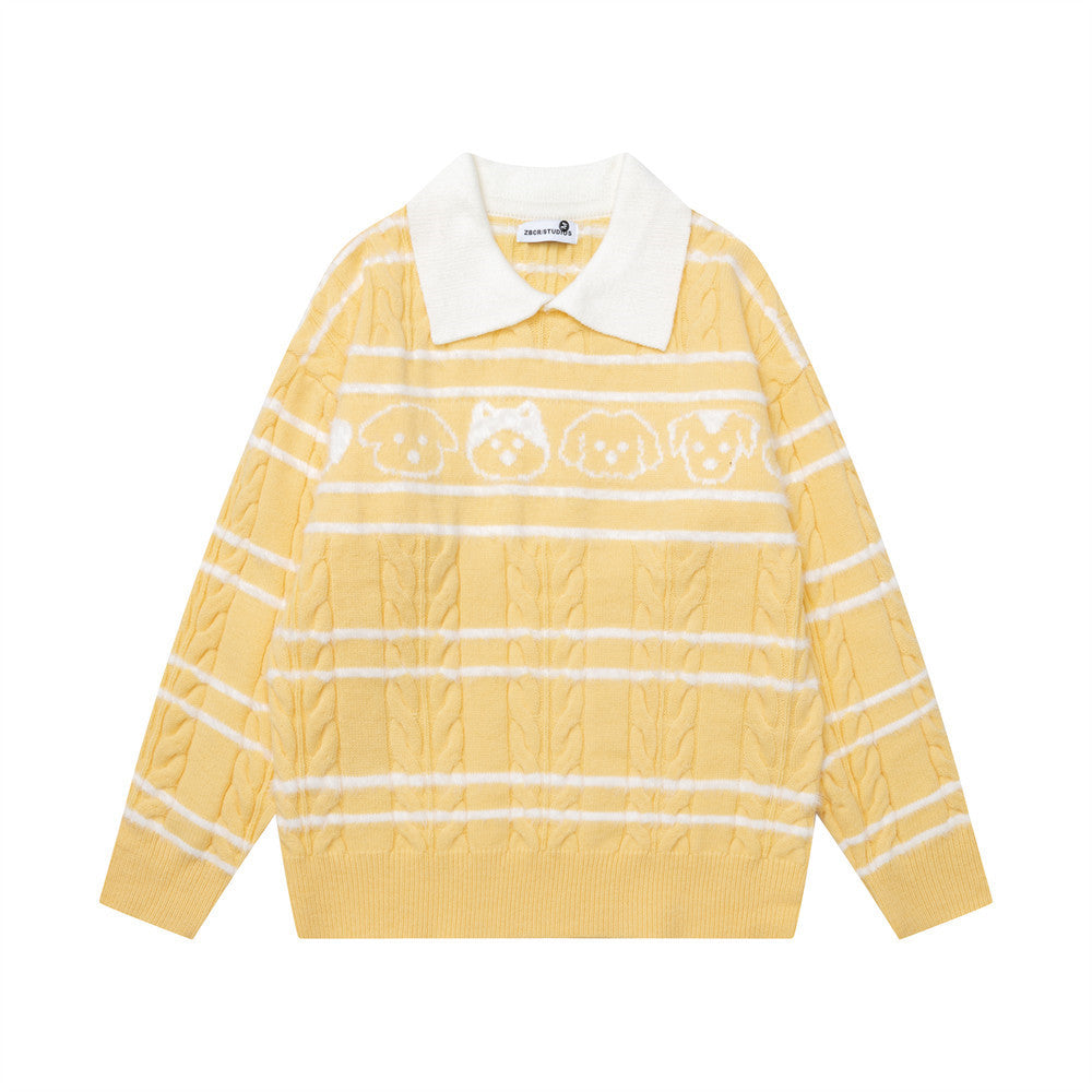 Gestreifter Herren-Strickpullover mit Zopfmuster und Polokragen sowie Cartoon-Hund im Jacquard-Design in Gelb und Weiß