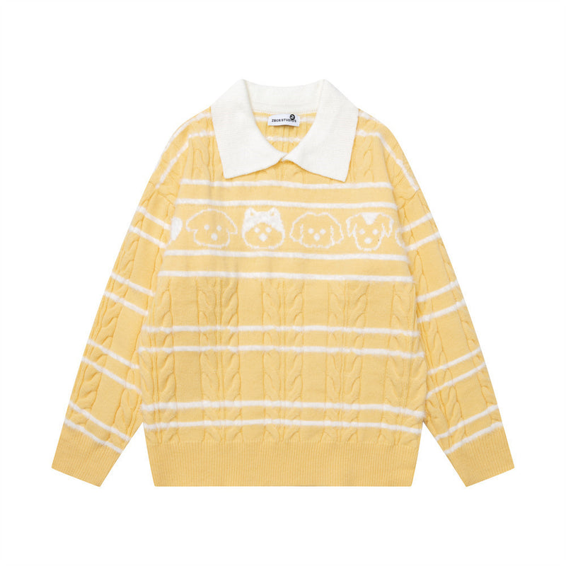 Gestreifter Herren-Strickpullover mit Zopfmuster und Polokragen sowie Cartoon-Hund im Jacquard-Design in Gelb und Weiß