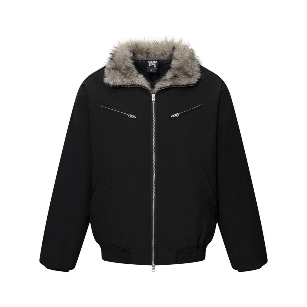 Men's padded bomber jacket with faux fur collar in black, front view showing dual zip chest pockets and full-length zipper