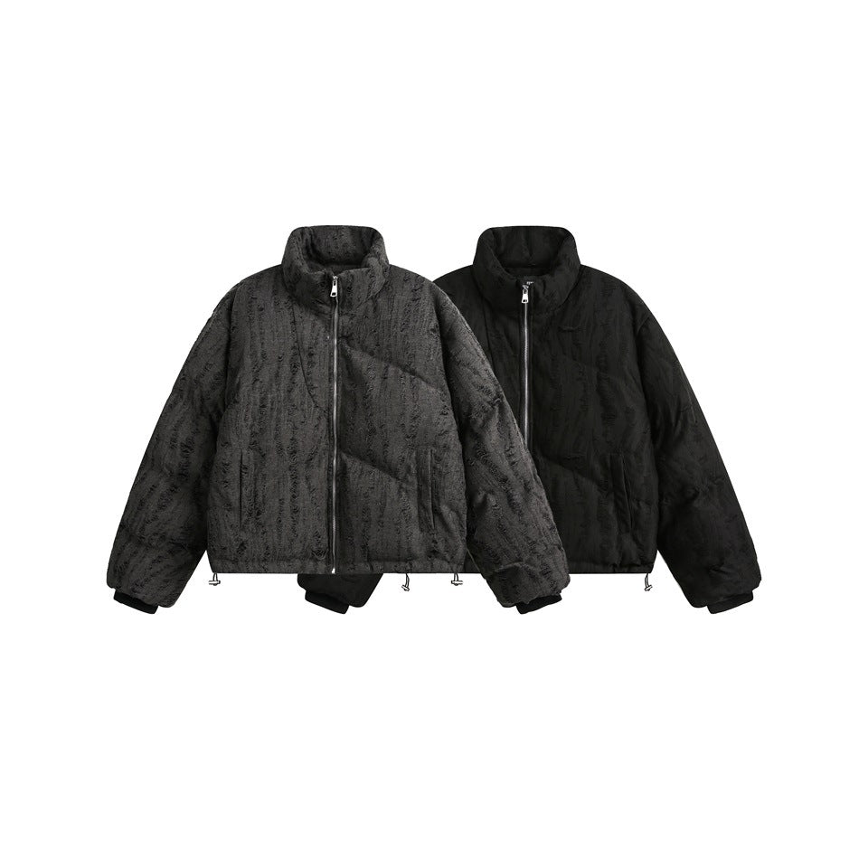 Distressed Texture Puffer Jacket Stand Collar Padded Coat