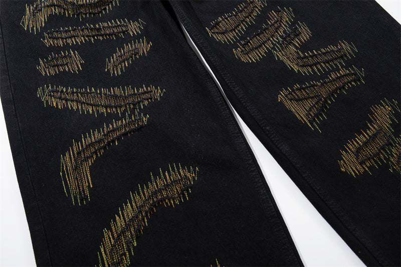Wide-Leg Jeans with Chaotic Needle Embroidery & Star Patches