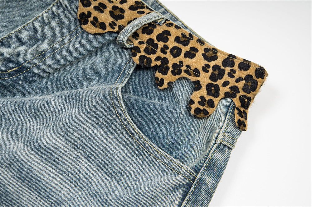 Leopard Print Patchwork Distressed Denim Shorts – Men's Retro Streetwear Wide Le