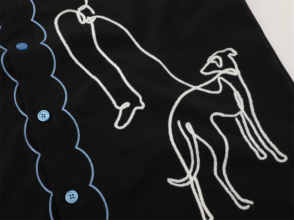 Abstract Greyhound Embroidered Short Sleeve Shirt – Oversized Casual Streetwear