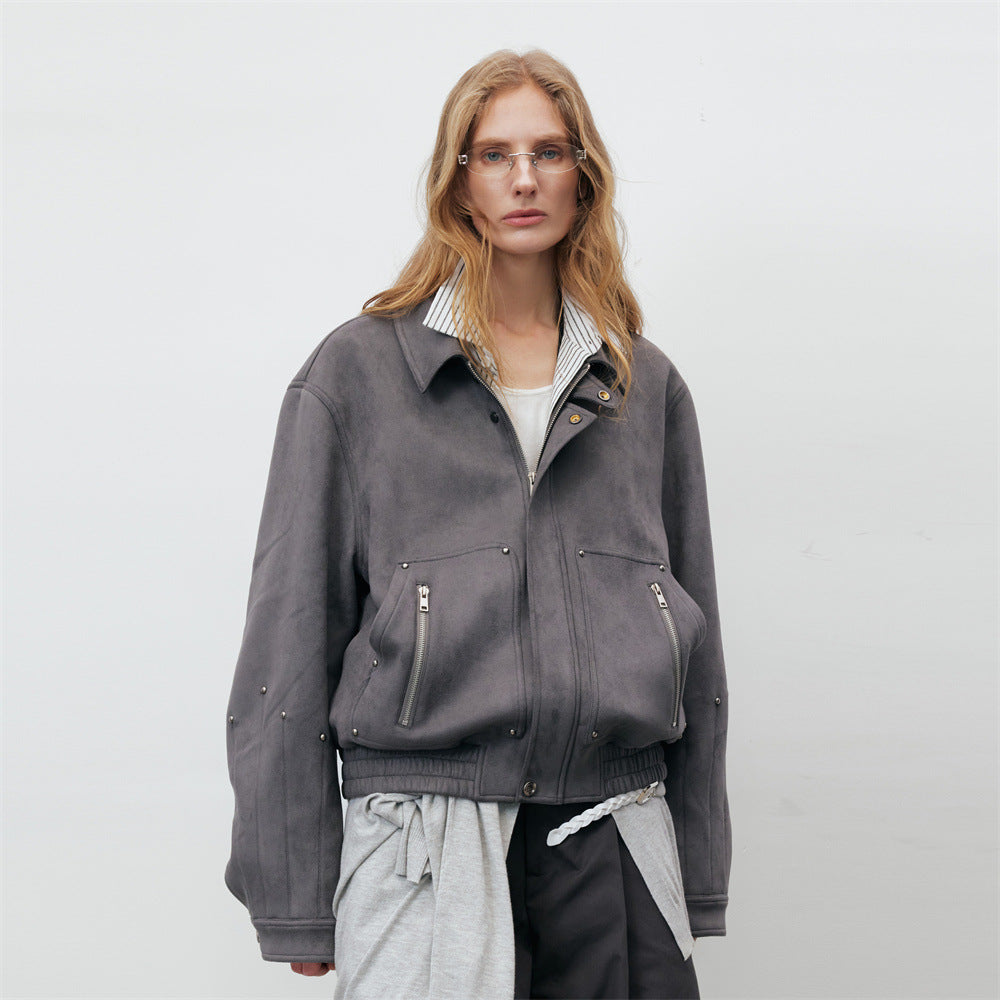 Men's oversized grey suede-touch bomber jacket with silver stud details and zip chest pockets, front and back view