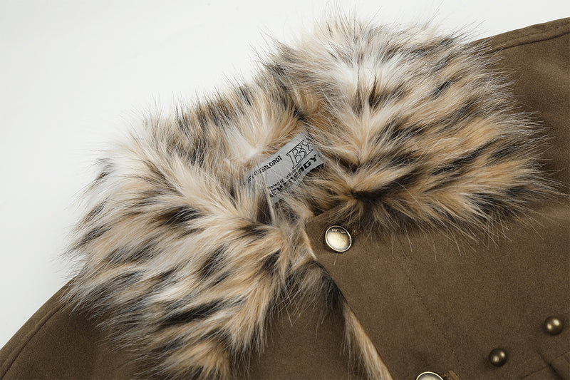 Faux Fur Collar Suede Jacket with Leopard Trim & Studs
