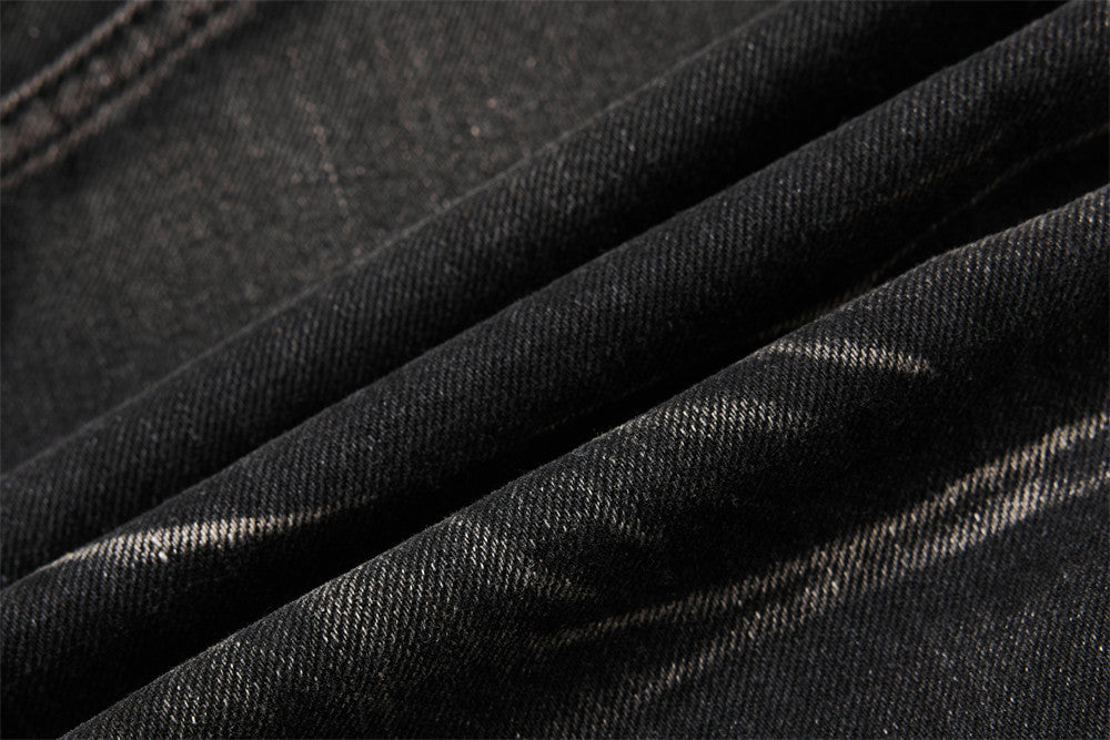Men's Bell Bottom Jeans – Black Acid Wash Flare Leg with Lace-Up Hem & Button