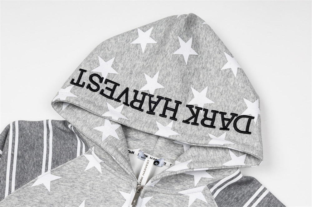 Star Print Zip-Up Hoodie with Striped Raglan Sleeves – Oversized Streetwear
