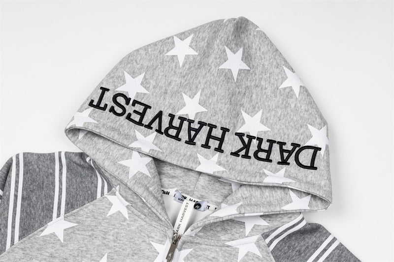 Star Print Zip-Up Hoodie with Striped Raglan Sleeves – Oversized Streetwear