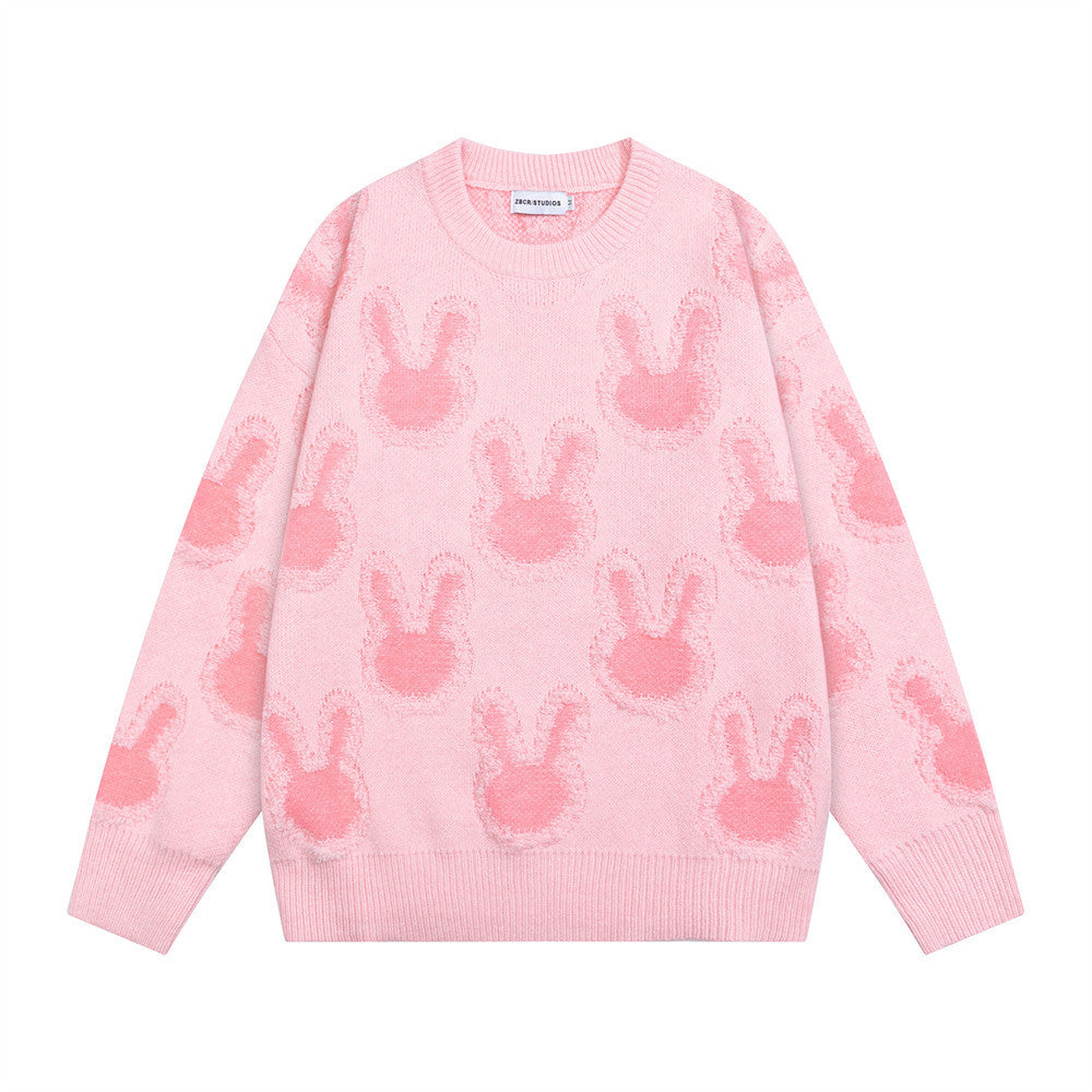Light Pink Oversized Sweater – All-Over Bunny Jacquard Knit Pullover