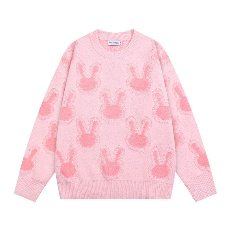 Light Pink Oversized Sweater – All-Over Bunny Jacquard Knit Pullover