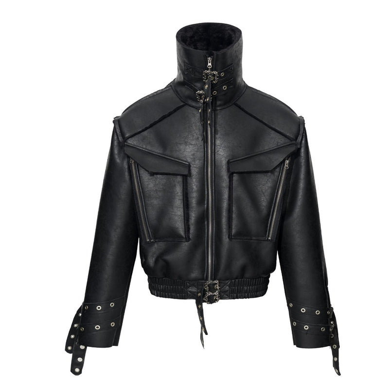 Leather Jacket with Fur Collar – Black Bomber Moto Jacket with Cargo Pockets &
