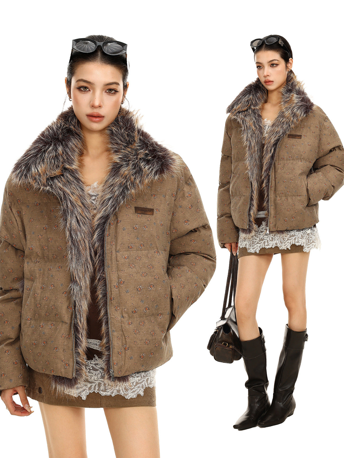 Floral Print Puffer Jacket with Faux Fur Collar – Cropped Fit Men's Winter Coat