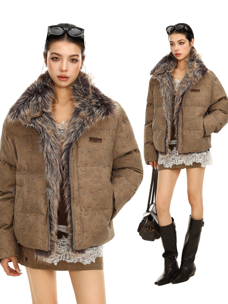 Floral Print Puffer Jacket with Faux Fur Collar – Cropped Fit Men's Winter Coat