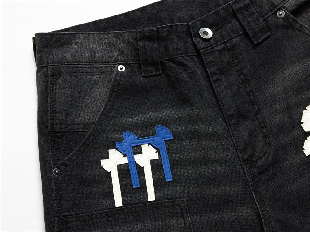 Black Washed Wide-Leg Cargo Jeans with Cross Embroidery Patches