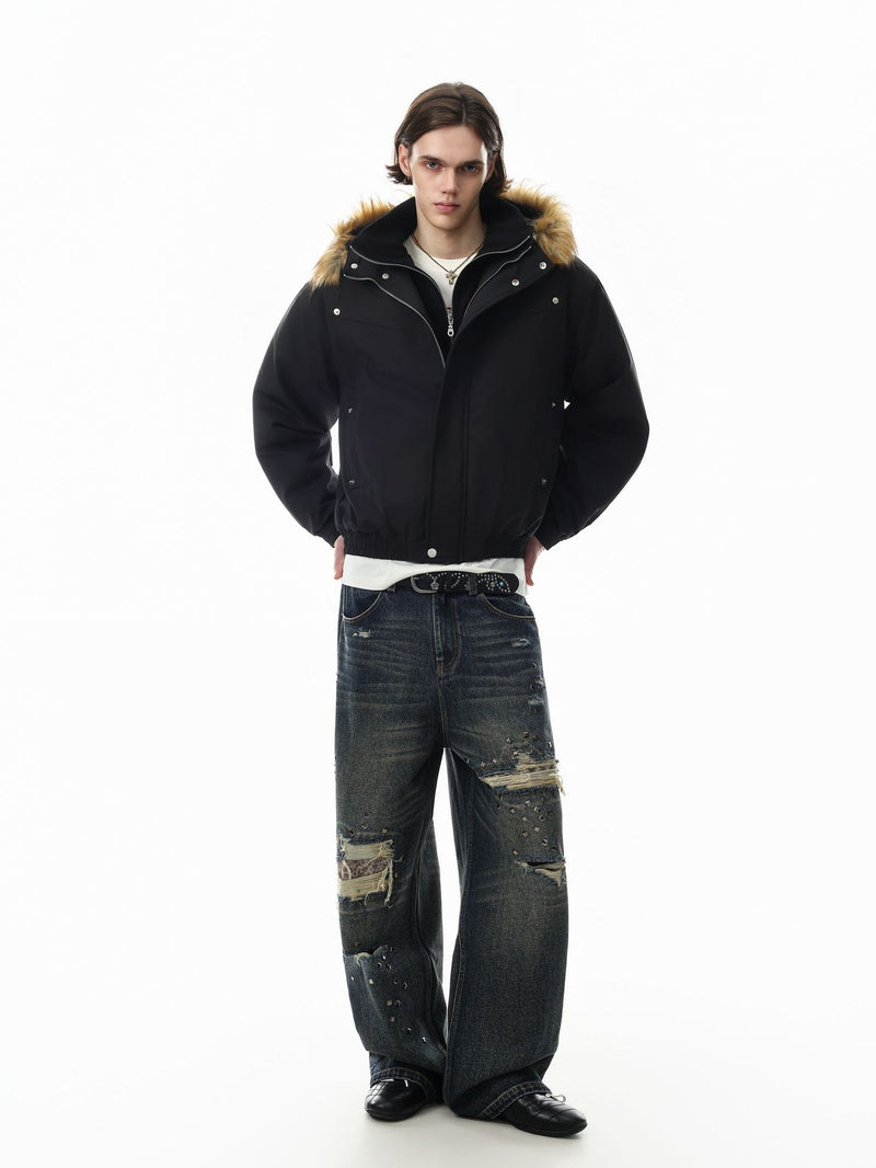 Fur Collar Padded Bomber Jacket – Vintage American Streetwear Winter Coat