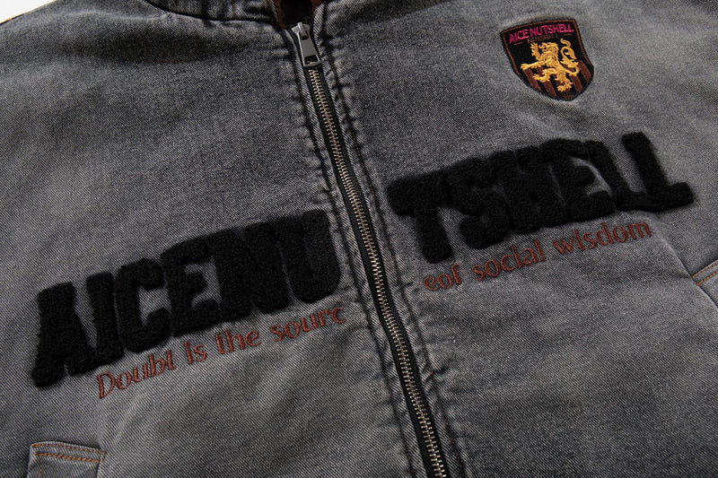 Washed Denim Padded Hoodie Jacket with Embroidered Logo & Sherpa Collar