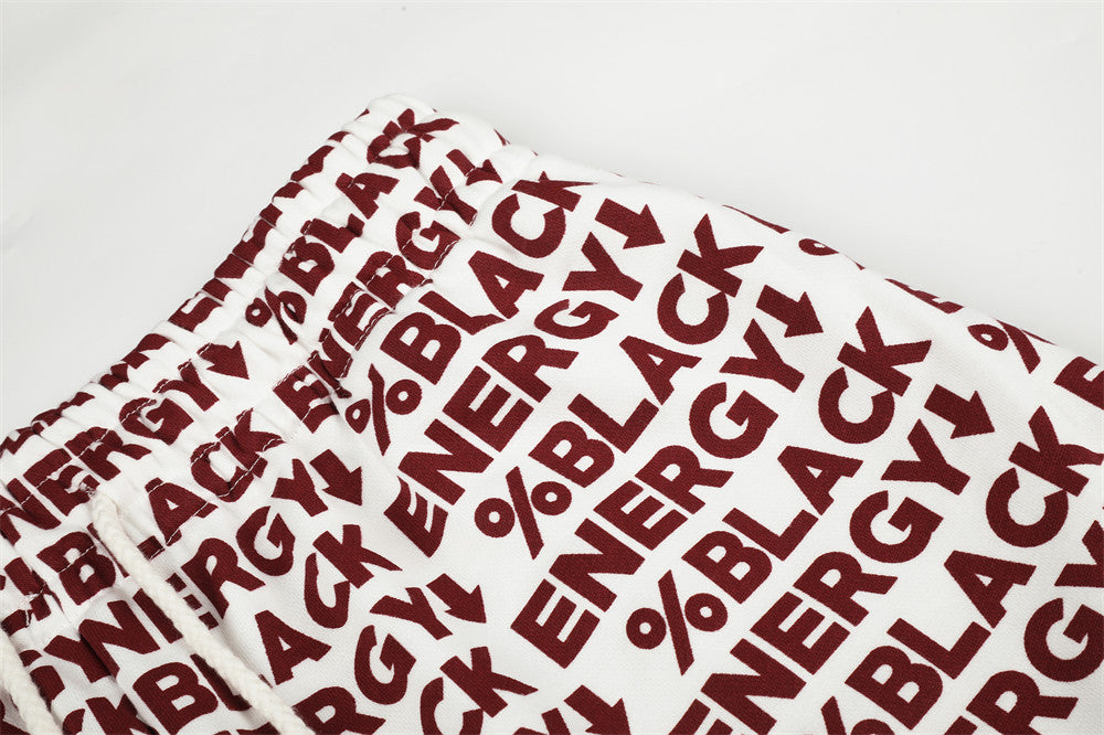 Close-up of white elastic waistband with red BLACK ENERGY print