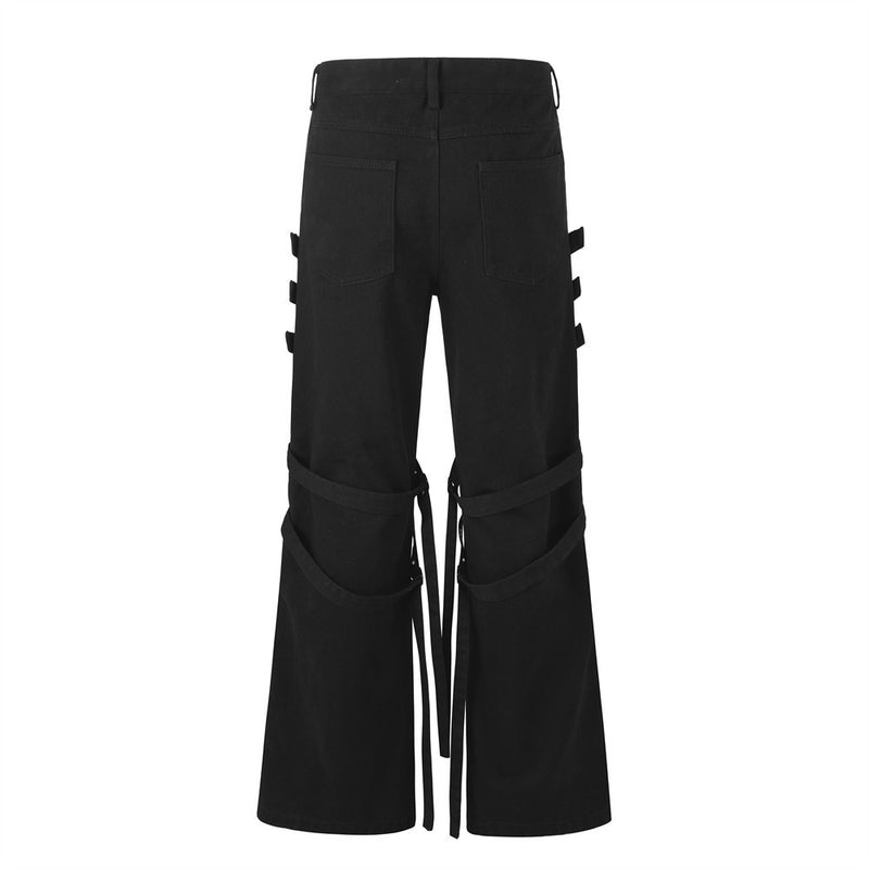 Men's Bell Bottom Jeans with Gothic Harness Straps, Metal Eyelets & Ribbon